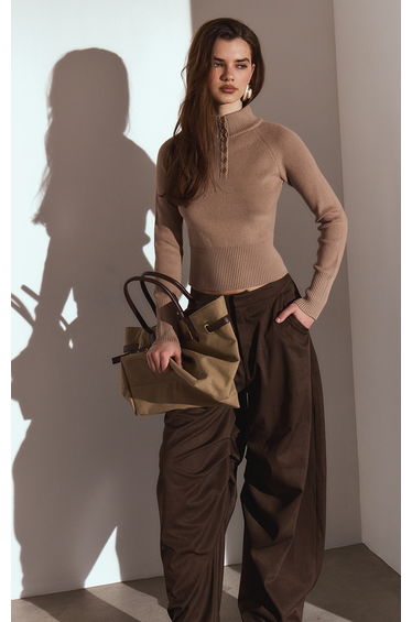 Oatmeal Ribbed Knit Cinched Waist Polo