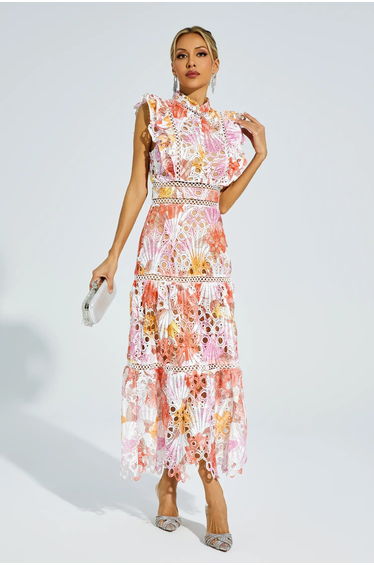 Ayleen Orange Hollow Sleeveless Midi Dress