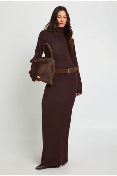 Tall Roll Neck Super Soft Knitted Maxi Dress - chocolate