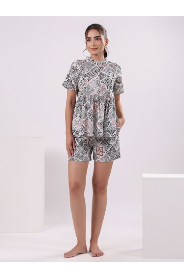 Ethnic Motif Printed Cotton Top and Shorts Set