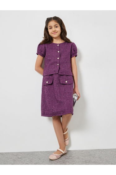 Teens Purple Tweed Top and Skirt Set