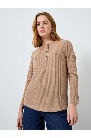 Women Beige Ribbed Knit Top with Button Detail
