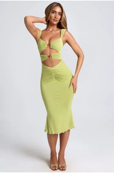 Ruched Hardware Detail Cut-Out Midaxi Dress in Olive Green