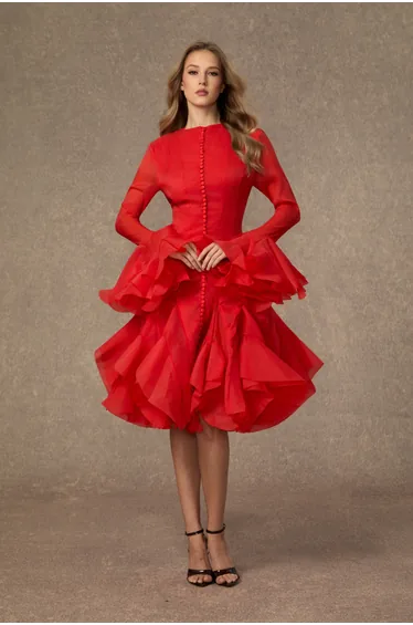 فستان سانفير شيفون أحمر ميدي بقصة ميرمايد بأكمام طويلة