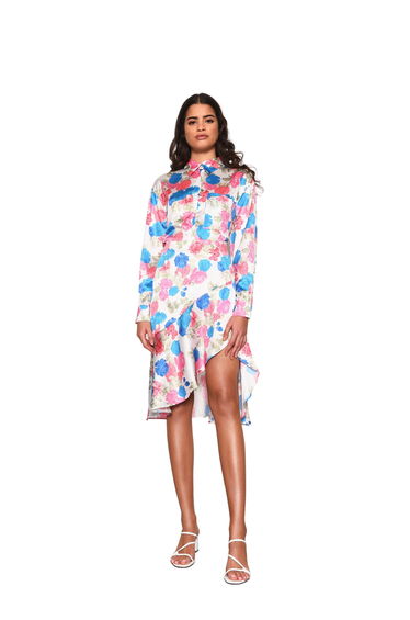 Glamorous Blue Pink Rose Satin Button Front Shirt