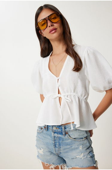 ISTANBUL V-Neck Short Sleeve Lace Blouse with Drawstring
