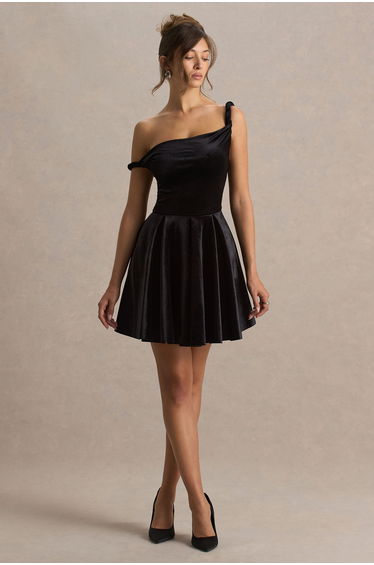Leticia | Black Velvet Asymmetric-Neck Velvet Mini Dress With Twist-Sleeve