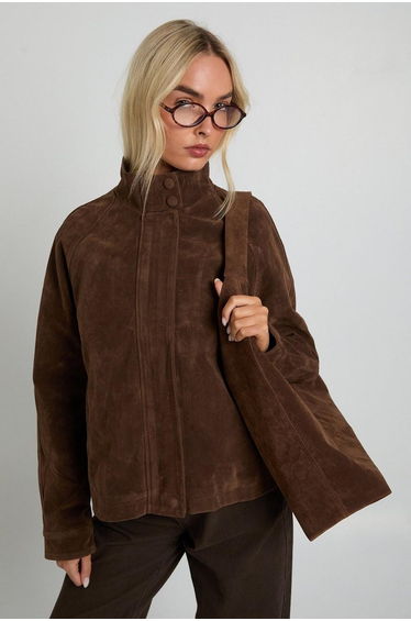 Faux Suede Bomber Jacket - chocolate