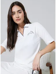 Off White Polo T-Shirt with Contrast Trim and Slogan Print - 1