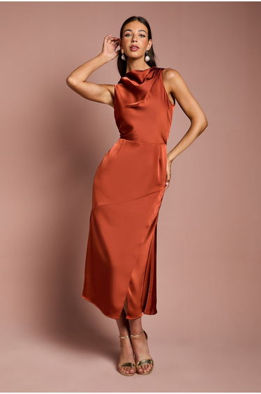 Cowl Neck Sleeveless Satin Midi Dress