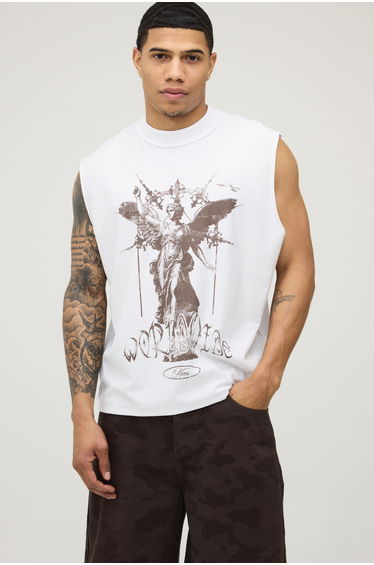 White Oversized Boxy Exposed Seam Renaissance Print Tank - white