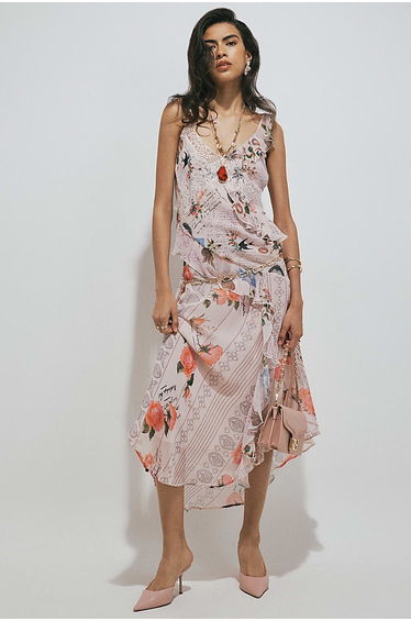 Pink Script Print Slip Midi Dress