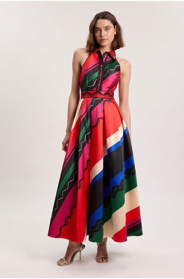 Petite Abstract Print Twill Contrast Collared Woven Maxi Dress