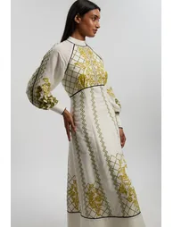 Voile Embroidered Cutwork Balloon Sleeve Woven Maxi Dress - 2