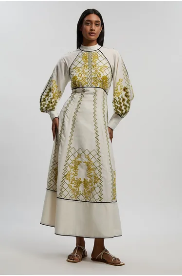 Voile Embroidered Cutwork Balloon Sleeve Woven Maxi Dress