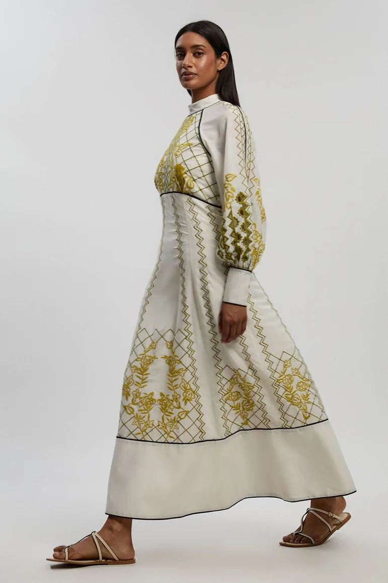 Voile Embroidered Cutwork Balloon Sleeve Woven Maxi Dress - 1