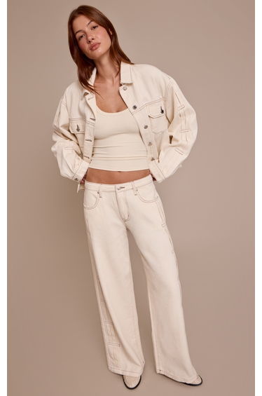 Ecru Pleat Detail Denim Jeans