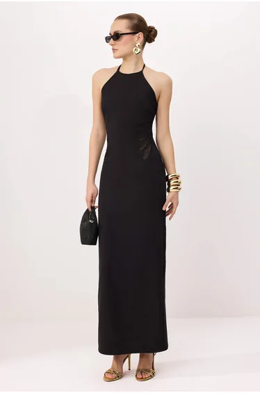 Black Plain Transparent Detailed Woven Finike Maxi Evening Dress & Graduation Dress