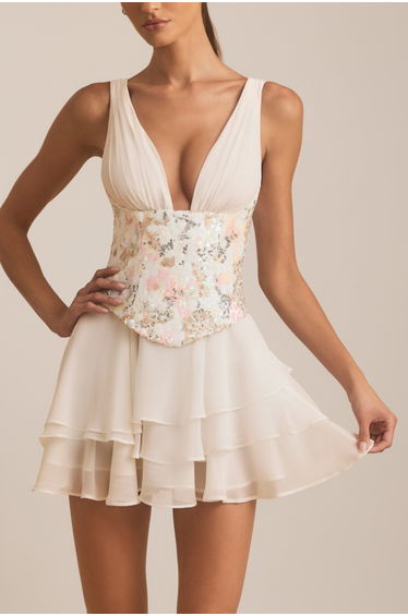 Embellished Ruffled Corset Mini Dress in Ivory