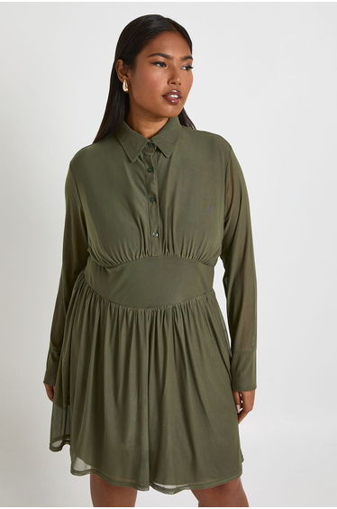 Plus Collared Mesh Skater Dress - khaki
