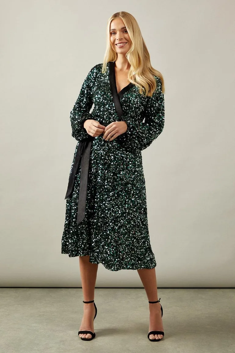 Shop Petite Sequin Contrast Velvet Midi Dress Online in Oman