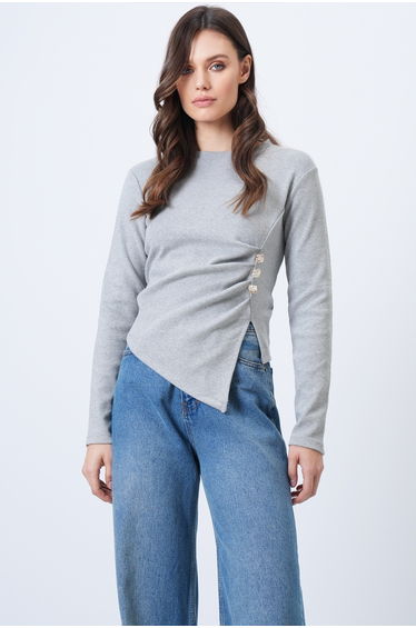Women's Grimelange Crew Neck Gold Button and Drape Detail Ottoban Blouse