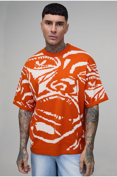 Tall Oversized Jacquard Abstract Face Knitted T-Shirt - orange