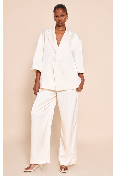 Cream Tailored Satin Oversized Blazer