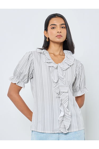Striped Puff Sleeve Ruffled Detail Top