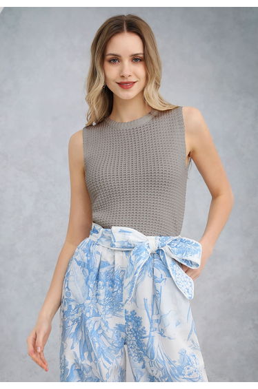 Solid Color Openwork Knit Sleeveless Top in Taupe