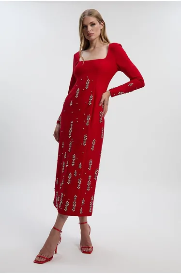 Crystal Embellished Scuba Crepe Bandeau Midi Dress