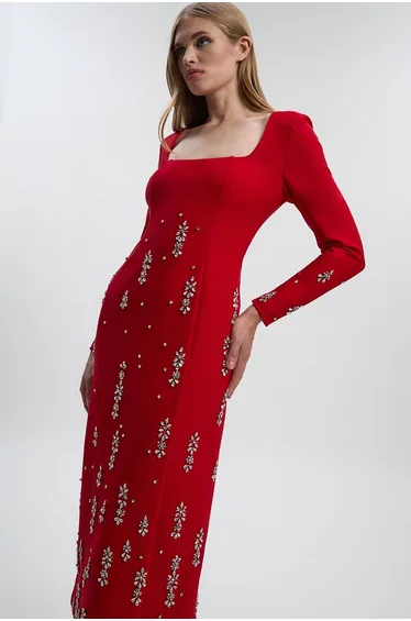 Crystal Embellished Scuba Crepe Bandeau Midi Dress