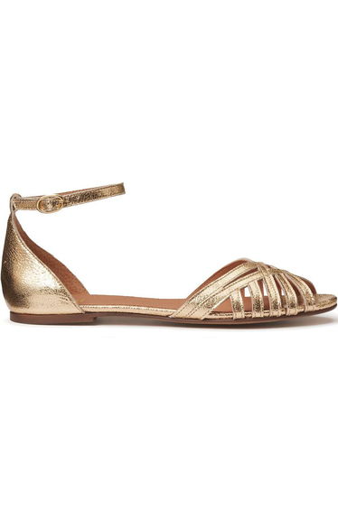 Metallic Leather Sandals with Ankle Strap and Flat Heel