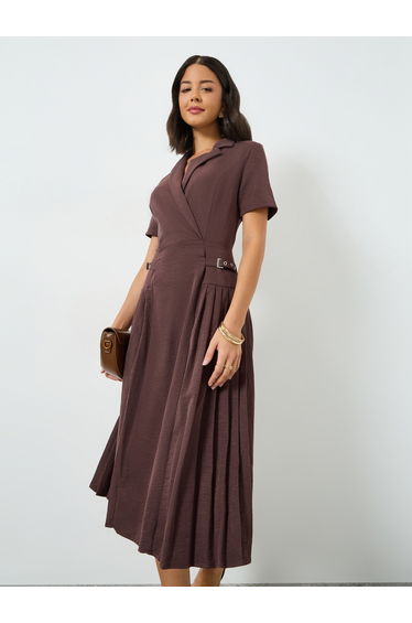 Brown Buckle Detail Fold Pleat Midi Dress