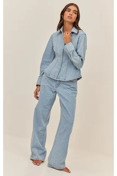 Light Blue Boucle Denim High Waist Straight Leg Jeans