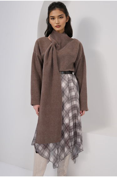 Women's Brown V-Neck Scarf Detail Draped Knitted
