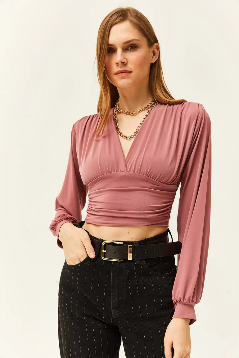 Women's Pale Pink Deep Decollete Waist Banded Crop Blouse - 1