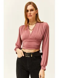 Women's Pale Pink Deep Decollete Waist Banded Crop Blouse - 1