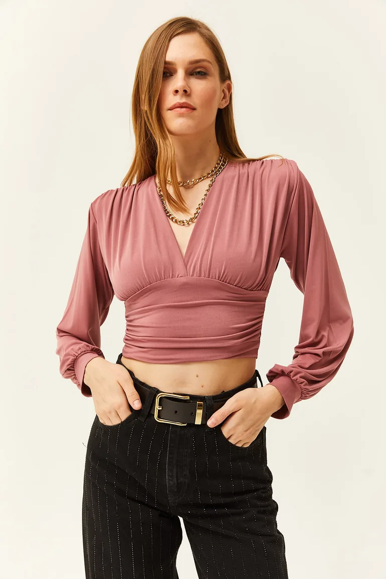 Women's Pale Pink Deep Decollete Waist Banded Crop Blouse - 3