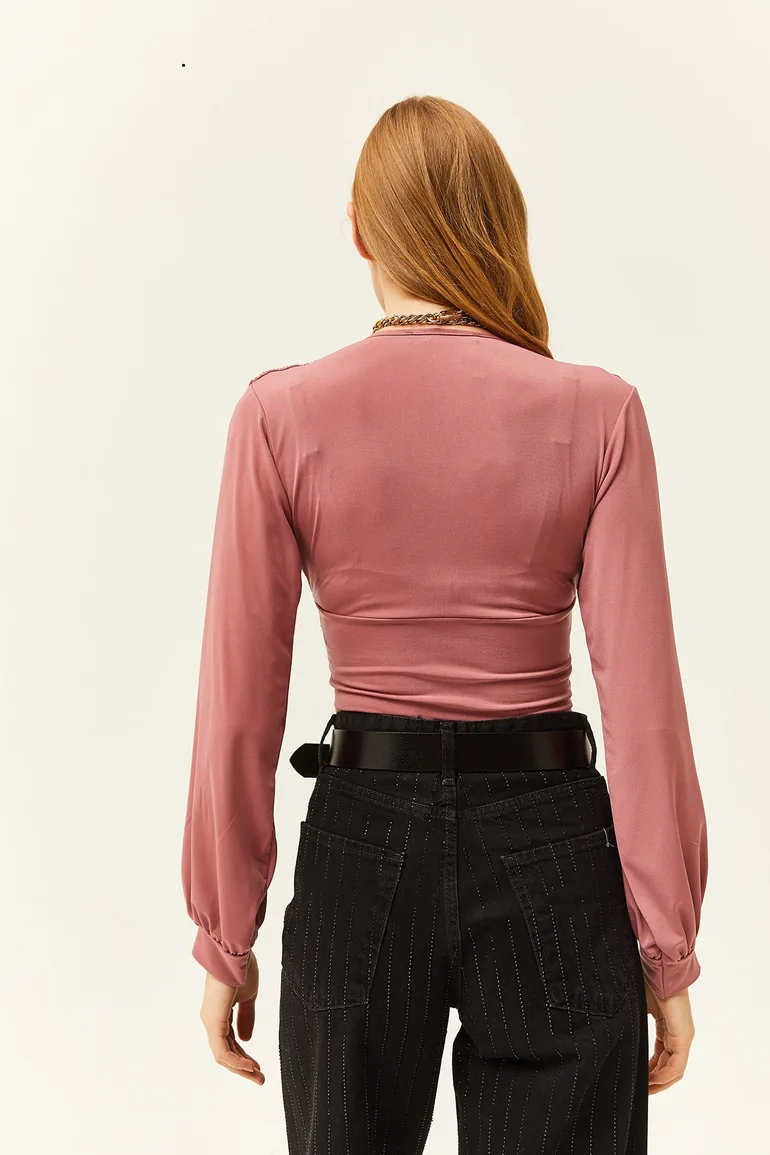 Women's Pale Pink Deep Decollete Waist Banded Crop Blouse - 5