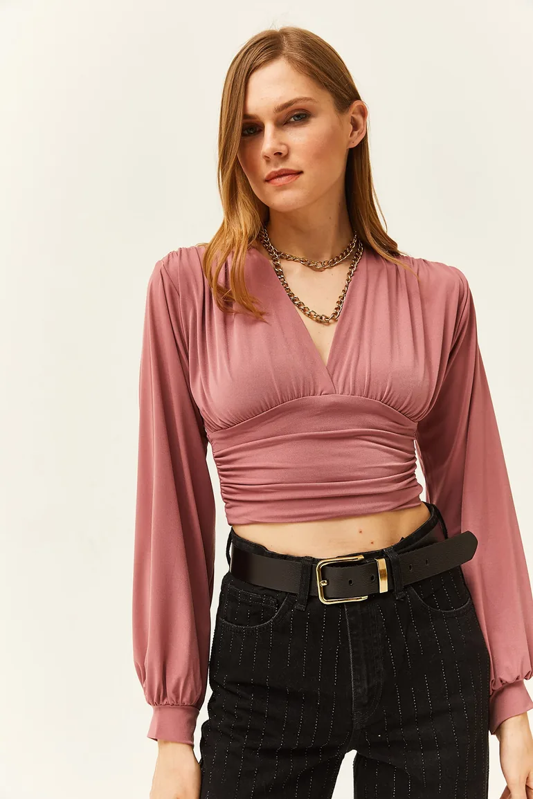 Women's Pale Pink Deep Decollete Waist Banded Crop Blouse - 4