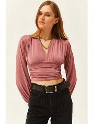 Women's Pale Pink Deep Decollete Waist Banded Crop Blouse