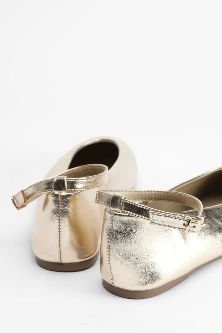 Round Toe Ankle Strap Ballet Flats - gold - 2