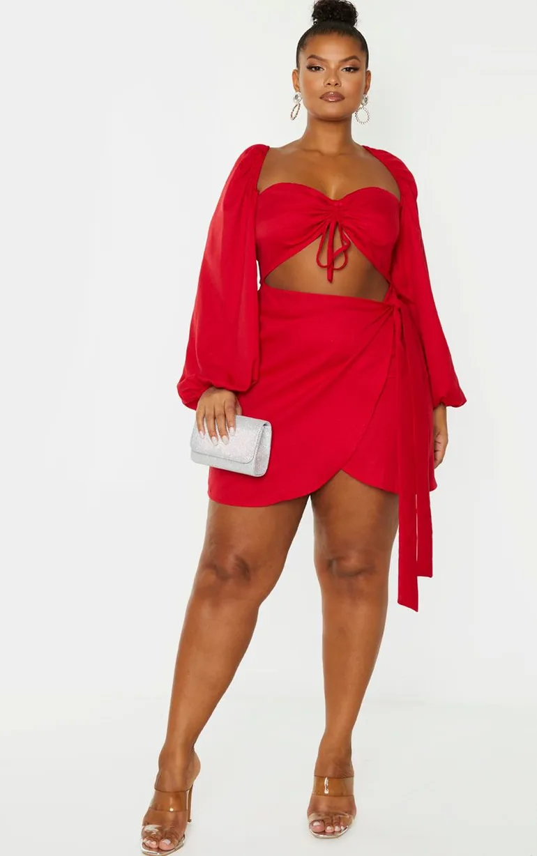 Plus Red  Ruched Cut Out Bodycon Dress - 1