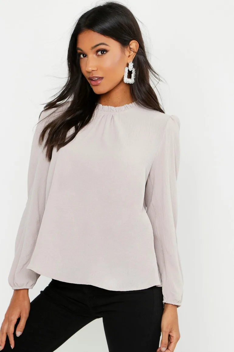Frill Neck Long Sleeve Woven Blouse - stone