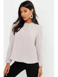 Frill Neck Long Sleeve Woven Blouse - stone