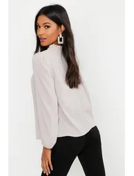 Frill Neck Long Sleeve Woven Blouse - stone - 1