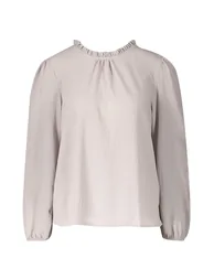 Frill Neck Long Sleeve Woven Blouse - stone - 2