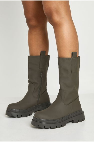 Rubber Calf Height Chunky Boots - olive