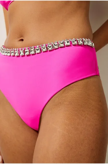 سروال بكيني زهري فاقع مزين بأحجار لامعة